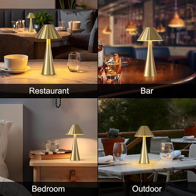 Cordless Rechargeable Table Lamps, Metal LED Desk Lamp with Top Touch Control & Stepless Dimming, Portable Battery-Operated Bedside Lamp for Bedroom, Living Room, Office, Café, Outdoor(Gold)
