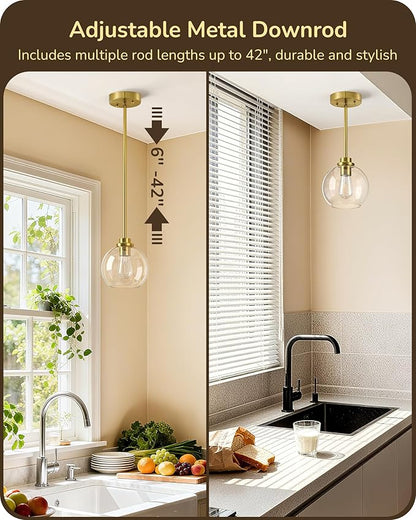 EDISHINE Pendant Light Fixtures 2 Pack with Clear Glass Globe Shade, Gold Kitchen Hanging Lighting Over Island, Hardwired Adjustable Metal Rod for Dining Room, Entryway