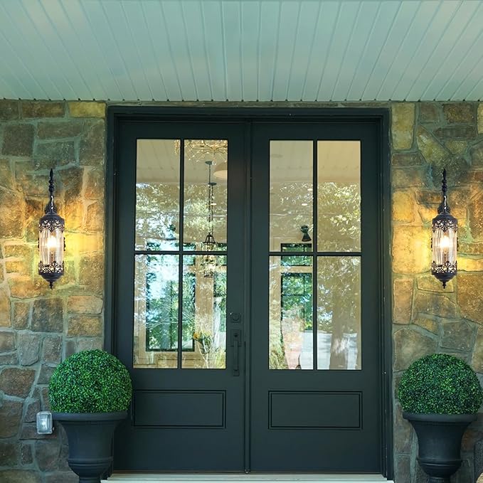 Vintage Wall Sconce with Amber Glass Shade, Rustic Black Farmhouse Wall Light Fixture, Antique Gothic Decorative Metal Wall Lamp for Hallway, Bedroom, Living Room, Entryway