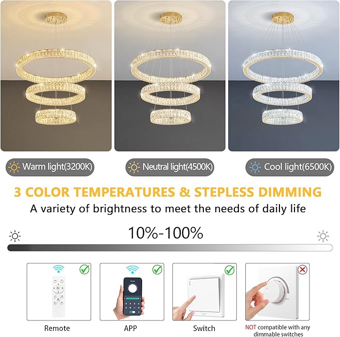 Modern Crystal Chandelier 55W Dimmable LED Chandeliers with Remote Luxury Height Adjustable Pendant Lighting for Living Room Dining Room Gold