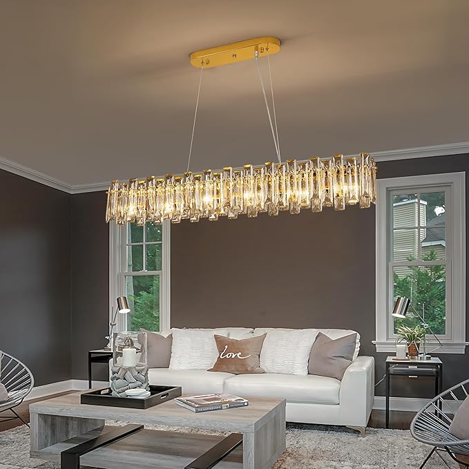 Modern Luxury Rectangular K9 Crystal Chandelier for Dining Room Living Room Kitchen Island Entryway Foyer L31.5 Easy Install Adjustable Hight 5-Light Ceiling Hanging Light Fixture Gold