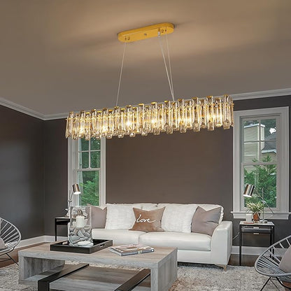 Modern Luxury Rectangular K9 Crystal Chandelier for Dining Room Living Room Kitchen Island Entryway Foyer L31.5 Easy Install Adjustable Hight 5-Light Ceiling Hanging Light Fixture Gold