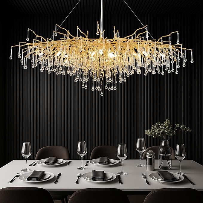 Gold Chandeliers for Dining Room Crystal Tree Branch Chandelier,47.24 Inch Modern Raindrop Chandeliers,Oval Dining Table Chandelier for Living Room,Entryway
