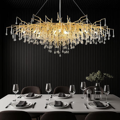 Gold Chandeliers for Dining Room Crystal Tree Branch Chandelier,47.24 Inch Modern Raindrop Chandeliers,Oval Dining Table Chandelier for Living Room,Entryway