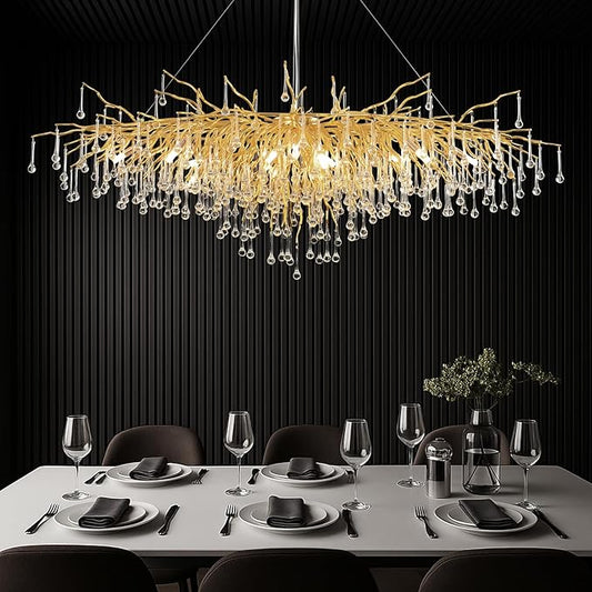 Gold Chandeliers for Dining Room Crystal Tree Branch Chandelier,47.24 Inch Modern Raindrop Chandeliers,Oval Dining Table Chandelier for Living Room,Entryway