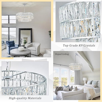 24'' Luxury Chrome Crystal Chandelier 8-Lights Modern Semi Flush Mount Ceiling Light Fixtures Round Crystal Pendant Chandeliers for Living Room Dining Room Kitchen Foyer Bedroom