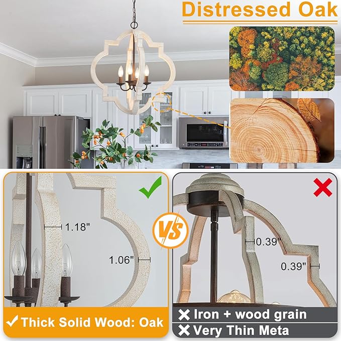 22" Oak Distressed White Chandeliers for Dining Room Farmhouse Wood Pendant Lights Kitchen Island 4-Light Orb Lantern Cage Ceiling Hanging Light Over Table for Entryway Foyer Living Room Bedroom