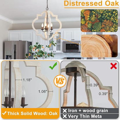 22" Oak Distressed White Chandeliers for Dining Room Farmhouse Wood Pendant Lights Kitchen Island 4-Light Orb Lantern Cage Ceiling Hanging Light Over Table for Entryway Foyer Living Room Bedroom