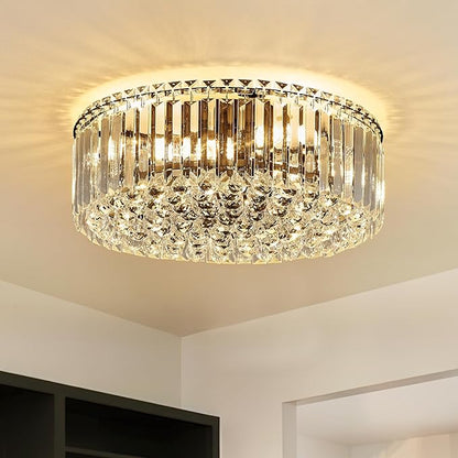 17.3" Black K9 Crystal Raindrop Flush Mount Ceiling Light, Modern Chandelier, Round Luxury Light Fixture for Dining Room, Bedroom, Hallway, Kitchen Island & Living Room
