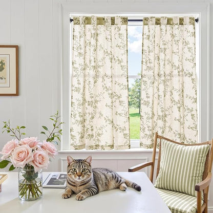jinchan Floral Kitchen Curtains 45 Inch Linen Tier Curtains Farmhouse Cafe Half Window Drapes for Small Windows Light Filtering Sage Green on Beige for Living Room Bathroom Back Tab 2 Panels