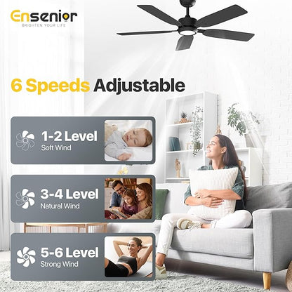 Ensenior 52 inch ceiling fan with light and remote, Noiseless Reversible DC Motor Fandelier Ceiling Fan, 6 Speeds, 3CCT, Black Modern Ceiling Fan for Bedroom and Living Room, 5 Dual-Finish Blades