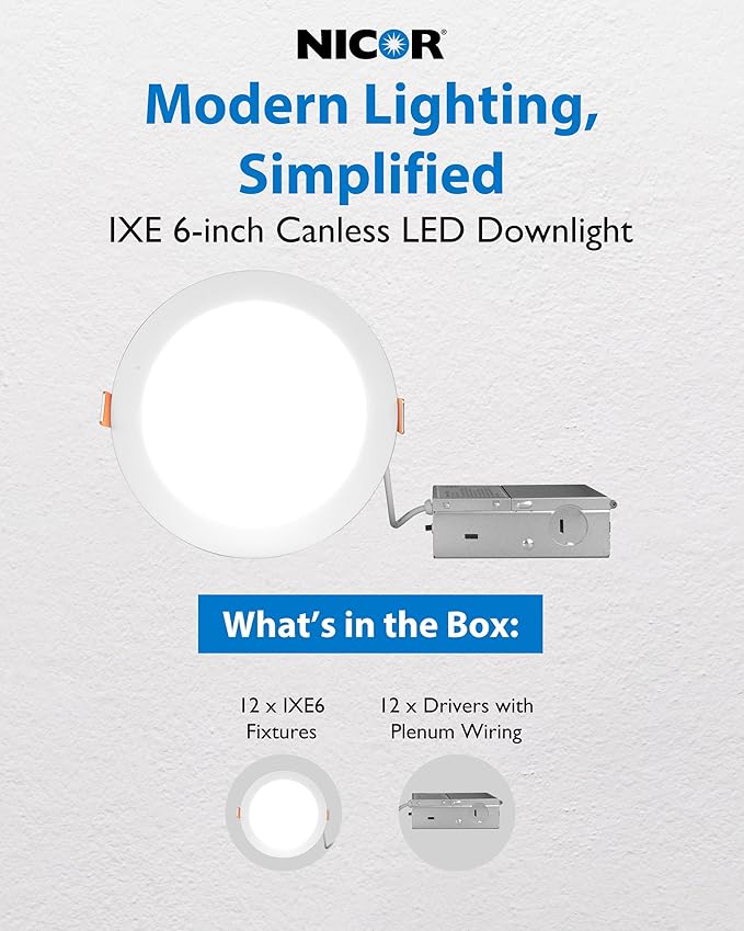 NICOR Lighting Recessed Light Fixtures - IXE 6-in Canless LED Downlight - Dimmable LED Ceiling Light with Edge-Lit Technology - White, 12 Packs