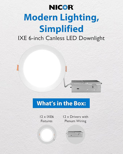 NICOR Lighting Recessed Light Fixtures - IXE 6-in Canless LED Downlight - Dimmable LED Ceiling Light with Edge-Lit Technology - White, 12 Packs