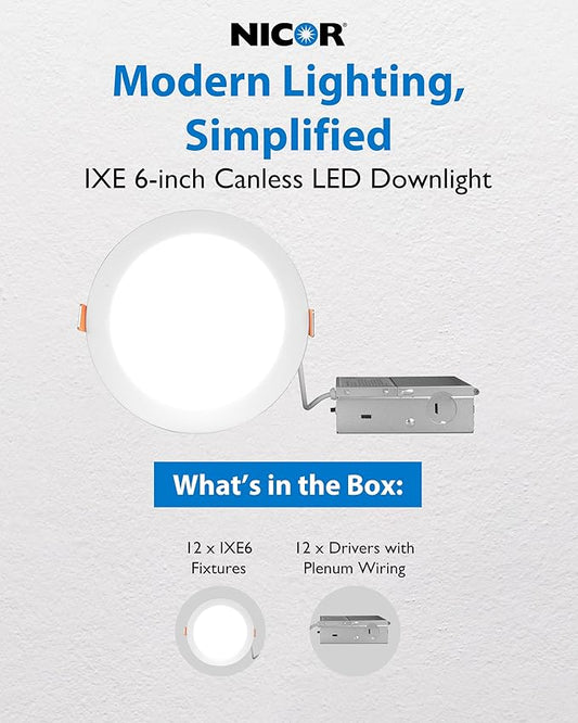 NICOR Lighting Recessed Light Fixtures - IXE 6-in Canless LED Downlight - Dimmable LED Ceiling Light with Edge-Lit Technology - White, 12 Packs
