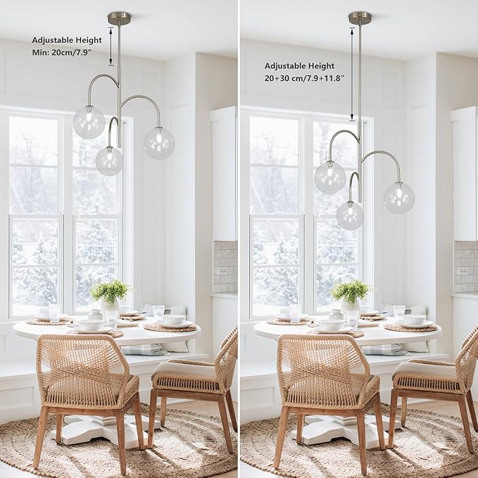 3-Light Brushed Nickel Sputnik Chandelier Modern Globe Pendant Light Fixture Bubble Glass Chandelier Lighting Contemporary Dining Room Chandelier Ceiling Light