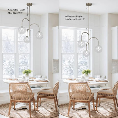 3-Light Brushed Nickel Sputnik Chandelier Modern Globe Pendant Light Fixture Bubble Glass Chandelier Lighting Contemporary Dining Room Chandelier Ceiling Light