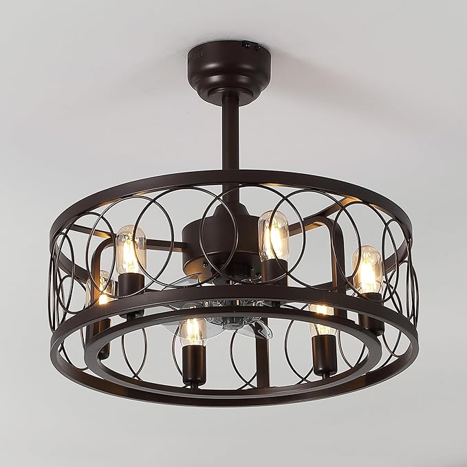 JONATHAN Y 21.6" Oil Rubbed Bronze 6-Light Caged Ceiling Fan with Lights, 6-Speed Industrial Farmhouse Flush Mount Fan with Remote and App Control, Metal Cage Shade, 6 LED Bulbs JYL9732A