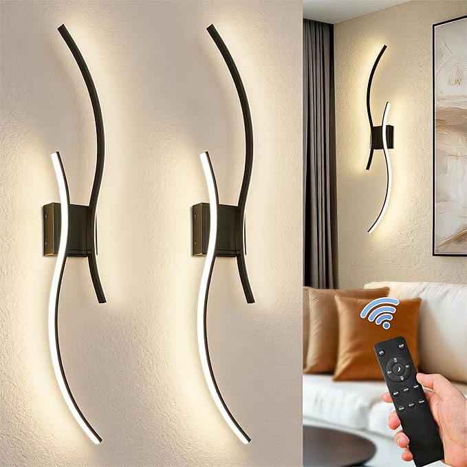 DORESshop Battery Operated Wall Sconces Set of 2, Modern Wireless Rechargeable Wall Lights with Stepless Dimming,3000k-6000K, Sconce Wall Decor for Living Room, Hallway, Bedroom, Black 39in