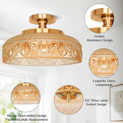 Lamomo Semi Flush Mount Ceiling Light, Upgraded Larger 12 Inch Hallway Light Fixture, 3 Light Globe Glass Close to Ceiling Scone, Amber Indoor Hanging Light for Bedroom Kitchen Porch Hallway