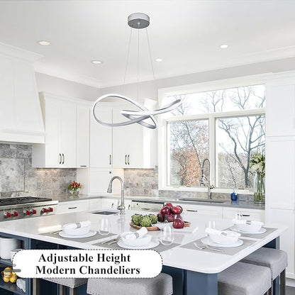 Modern LED Pendant Light Fixture Contemporary Ring Chandelier Nickel with 3000K-6000K Dimmable Remote Control and 79in Height Adjustable for Foyer Living Room Bedroom Dining Room