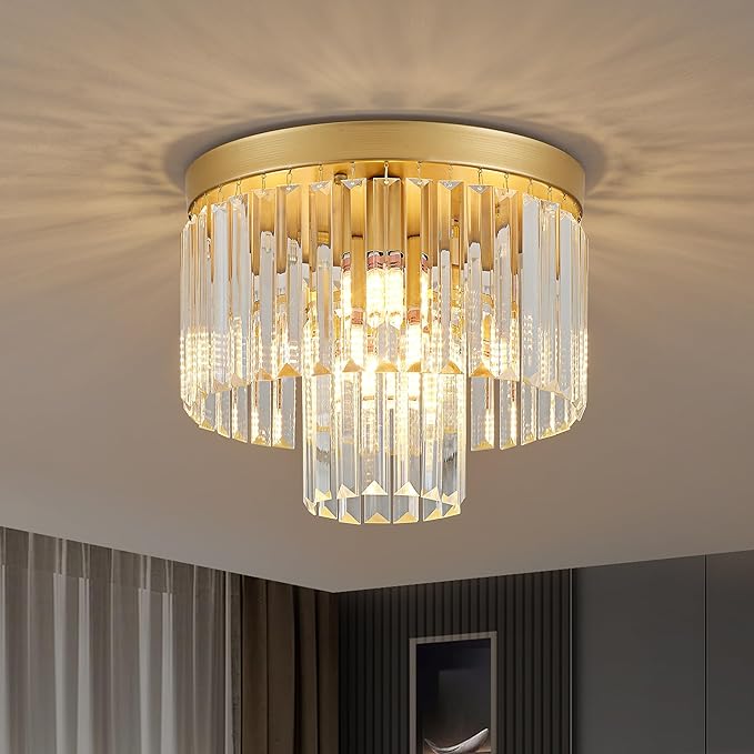 12.6" Gold Crystal Modern Crystal Ceiling Light Fixture, 2-Tier Luxury K9 Crystal, for Dining Room, Kitchen, Island, Living Room, Bedroom