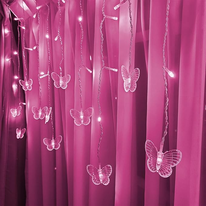Butterfly Curtain Fairy Lights USB Plug in, 8 Modes 96 LED 11.5FT Firefly Window Twinkle Timer String Lights with Remote for Bedroom Patio Christmas Wedding Party Decoration (Pink)