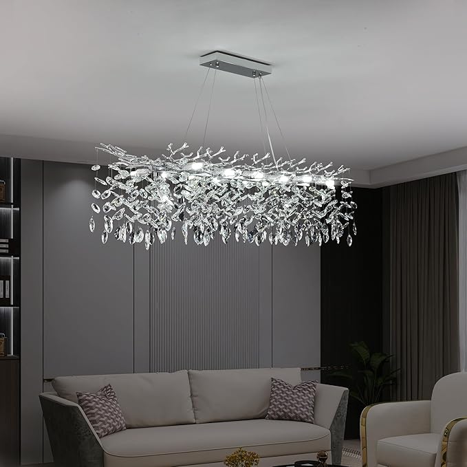 Modern Rectangle Crystal Tree Branch Chandelier, L47.3'' Large Silver Linear Raindrop Indoor Hanging Pendant Light Fixture for Kitchen Island Foyer Living Room Dining Room 14 Lights