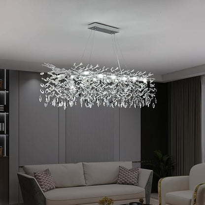 Modern Rectangle Crystal Tree Branch Chandelier, L47.3'' Large Silver Linear Raindrop Indoor Hanging Pendant Light Fixture for Kitchen Island Foyer Living Room Dining Room 14 Lights