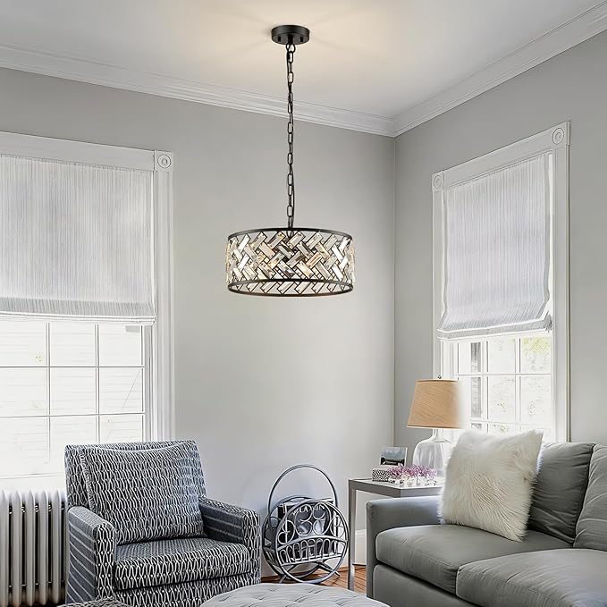 Black Crystal Chandelier, 4-Light Morden Dining Room Light Fixture,15.16" Round Semi Flush Mount Chandeliers for Kitchen Foryer Entryway Hallway Living Room Bedroom (ETL Listed)