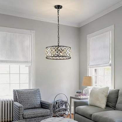 Black Crystal Chandelier, 4-Light Morden Dining Room Light Fixture,15.16" Round Semi Flush Mount Chandeliers for Kitchen Foryer Entryway Hallway Living Room Bedroom (ETL Listed)