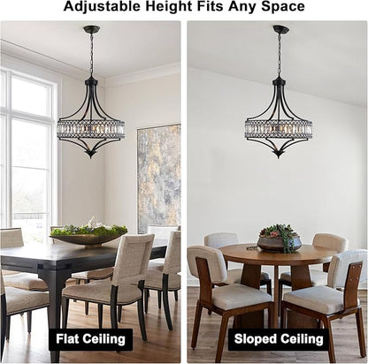 20" Black Crystal Chandeliers for Dining Room, 5-Light Modern Farmhouse Round Crystal Chandelier Light Fixture, Adjustable Height Hanging Pendant Lights Living Room Bedroom Kitchen Island Entryway