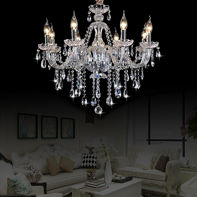 Bagood Clear 8 Lights K9 Crystal Candle Chandeliers Lighting Modern Pendant Lights Ceiling Fixture Lamp for Dining Living Room Bedroom Entry Elegant Decoration E12 Base, H20.5 x W28.3 Inch