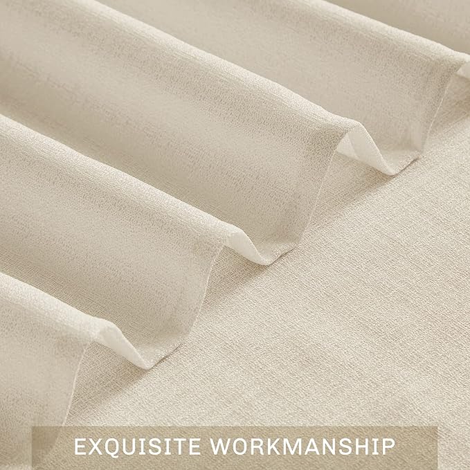Melodieux Beige Semi Sheer Tier Curtains 45 Inch Length for Kitchen Cafe Bedroom Small Windows, Linen Look Rod Pocket Short Curtain Tiers Voile Drapes, 2 Panels