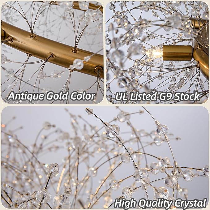 Gold Crystal Chandeliers Round,39" Modern Crystal Dining Room Chandeliers Light Fixtures,Large Firework Chandelier Lighting for Master Bedroom Living Room,Pendant Light for Entryway,Kitchen