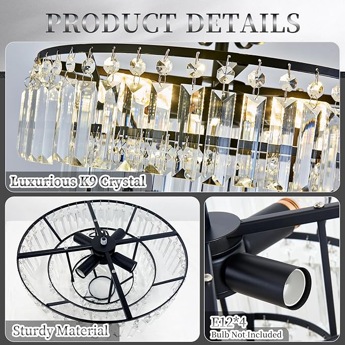 Black Crystal Chandeliers,4 -Lights Modern Crystal Chandelier for Dining Room,4 Tiers Small Chandeliers for Living Room Bedroom Kitchen Entryway E12 Base
