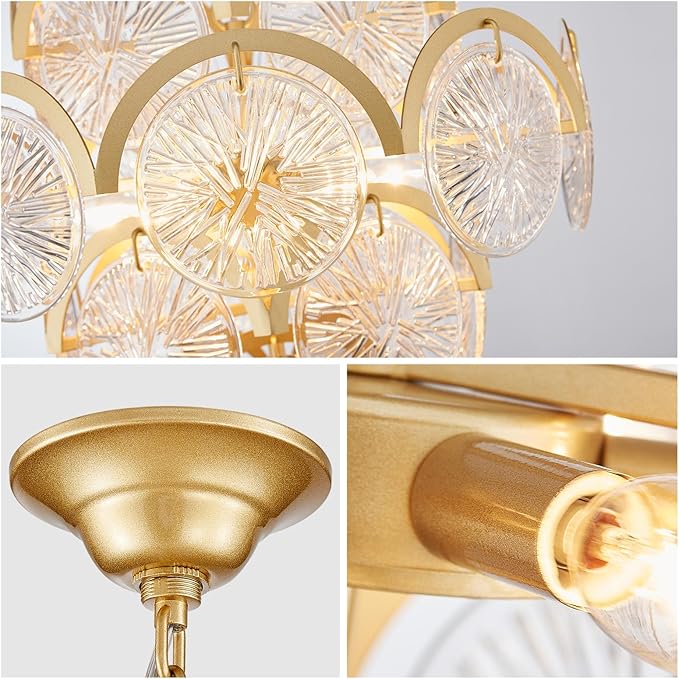 WUZUPS 6-Light Round Crystal Chandelier Pendant Ceiling Light Modern Lighting Fixture for Bedroom Hallway Bar Kitchen Bathroom, H 17.3" W 22.8", E12 Base, Gold