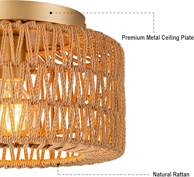 SineRise Rattan Ceiling Light Fixtures (12-Inch, LED Bulb Included), Hand-Woven Boho Flush Mount Ceiling Light, Rattan Chandelier for Hallway Kitchen Farmhouse Foyer Entryway Living Room(Gold)