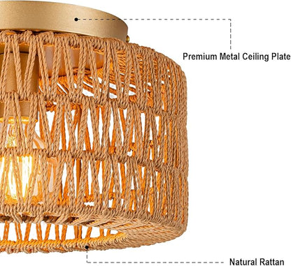 SineRise Rattan Ceiling Light Fixtures (12-Inch, LED Bulb Included), Hand-Woven Boho Flush Mount Ceiling Light, Rattan Chandelier for Hallway Kitchen Farmhouse Foyer Entryway Living Room(Gold)