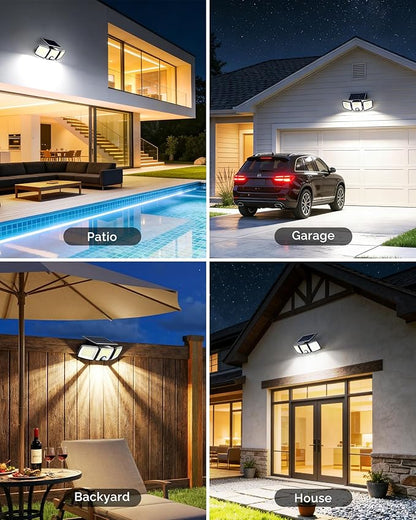 Brightown 3 Pack Solar Outdoor Lights with Motion Sensor, 223 LED 3 Head 270° Wide Angle Street Area Security Lights with Remote, IP65 Waterproof Flood Wall Lights with 3 Modes for Yard Outside
