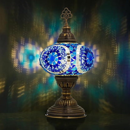 Turkish Lamp, Mosaic Table Lamp, Antique Moroccan Decorative Glass Bohemian Vintage Lamp Shade, Small Desk Tiffany Bedside Stained Glass Lamp with US Plug and E12 Socket