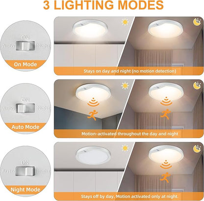 2-Pack Motion Sensor Ceiling Lights Hard-Wired, 9Inch Indoor Motion Activated LED Ceiling Light Fixtures with 3 Modes, Flush Mount Lights for Closet Stairwell Hallway, NOT Battery Operated, 3000K