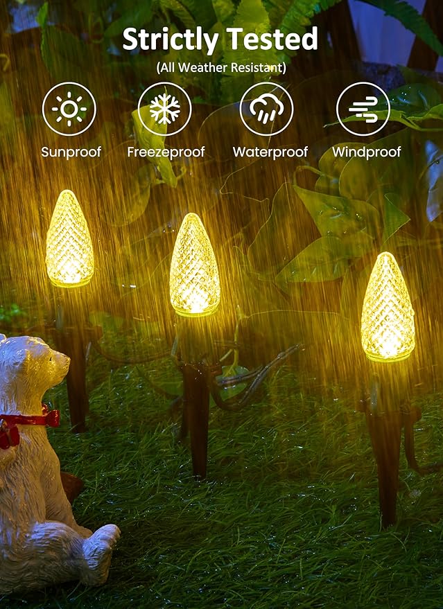 C9 Christmas Pathway Lights Outdoor, 25.7 Feet 20 LED C9 Strawberry Walkway Lights with Marker Stakes, Connectable Shatterproof C9 String Lights for Lane Outside Yard Decorations, Warm White, 2 Pack