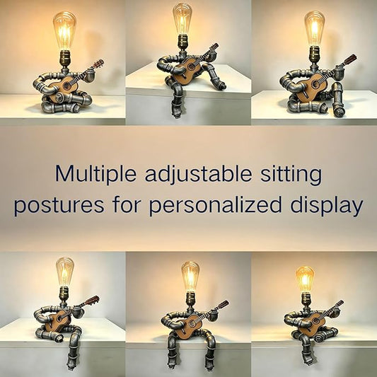 Steampunk Guitar Pipe Robot Table Lamp, Adjustable Industrial Water Pipe Desk Lamp with Wooden Guitar & Edison Bulb,Music Lovers, Bedside, Bar Cafe - Cool Unique Gifts