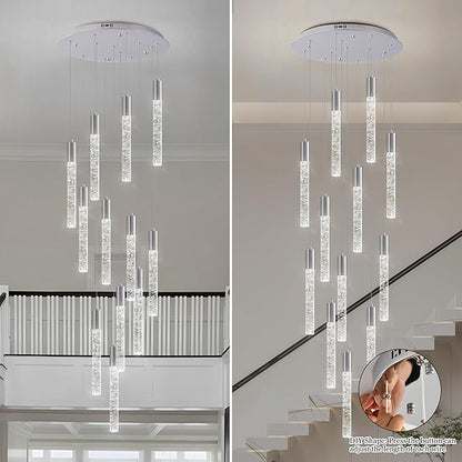 Modern High Ceiling Crystal Chandelier 12-Lights, Large Spiral LED Raindrop Foyer Pendant Lighting, Bubble Staircase Living Room Hanging Light Fixture Flush Mount Chrome