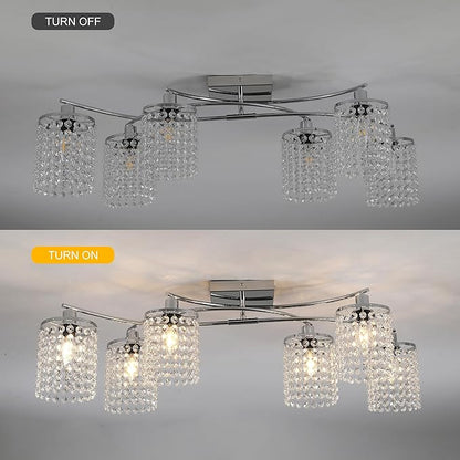 Garwarm 35" Semi Flush Mount Ceiling Light, 6 Lights Modern Crystal Chandeliers, Dining Room Light Fixture Kitchen Lighting Fixtures Ceiling for Living Room Bedroom Chrome