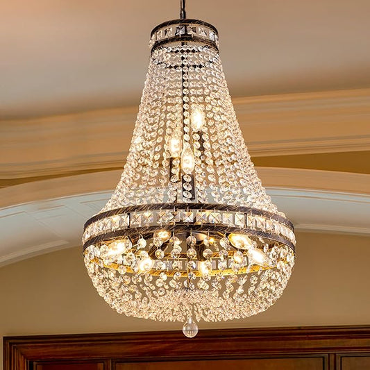 Wellmet Crystal Chandelier Light, 8 Lights French Empire Chandeliers Lighting Ceiling Fixture Hanging Pendant for Dining Living Room Foyer Kitchen Bedroom Entryway, 20''W (Bronze, 20)