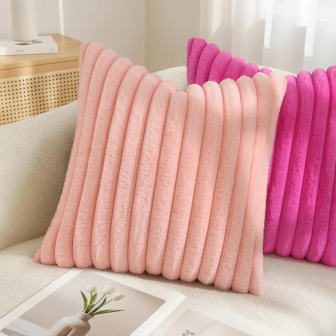 decorUhome Summer Cozy Faux Fur Throw Pillow Covers 26x26 Set of 2 Decorative Plush Striped Modern Farmhouse Boho Couch Euro Sham Pillow Cases with Velvet Back for Sofa Bed Living Room, Blush Pink