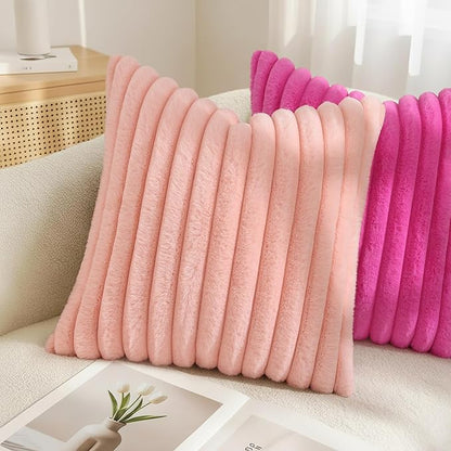 decorUhome Summer Cozy Faux Fur Throw Pillow Covers 26x26 Set of 2 Decorative Plush Striped Modern Farmhouse Boho Couch Euro Sham Pillow Cases with Velvet Back for Sofa Bed Living Room, Blush Pink
