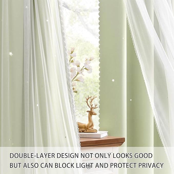 XiDi Sage Green Blackout Curtains for Kids Bedroom 96 Inches Long 2 Panels Thermal Insulated Energy Saving Living Room Window Treatment Curtains Star Blackout Drapes Nursery Kids, W52xL96 Inch, Sage