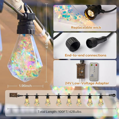 Outdoor String Lights, 100FT 42 LED Iridescent Holographic Bulbs, Waterproof Patio Lights with Remote Control, Shatterproof Connectable Lights for Backyard, Porch, Garden, and Party